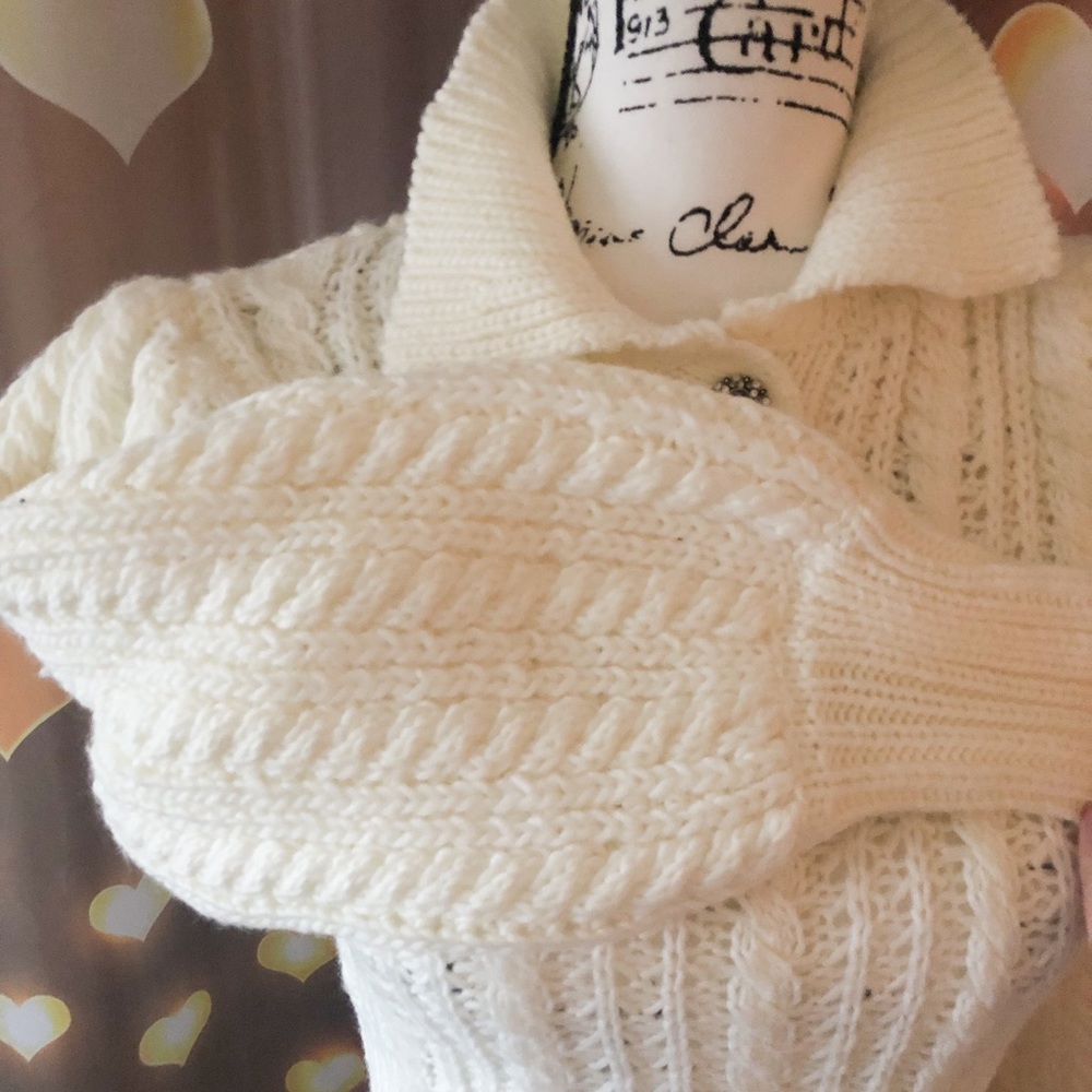 🦄HP♦︎ Sweater crop top cable knit white womens long sleeve button collar - Picture 3 of 7